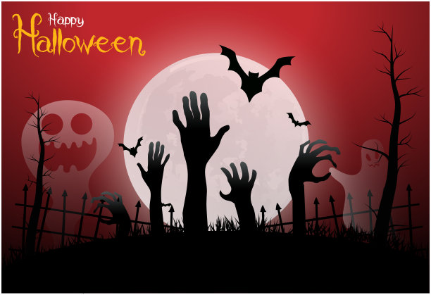 万圣节海报，夜晚背景与令人毛骨悚然的城堡和南瓜，插图。万圣节庆祝会贺卡，万圣节派对海报。图片下载