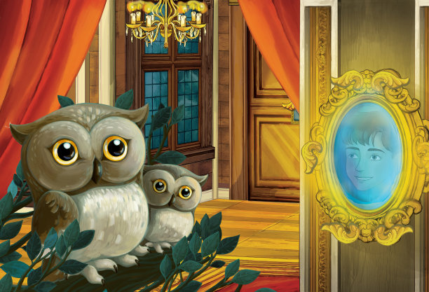 猫头鹰坐在城堡房间里的卡通场景-插图图片下载