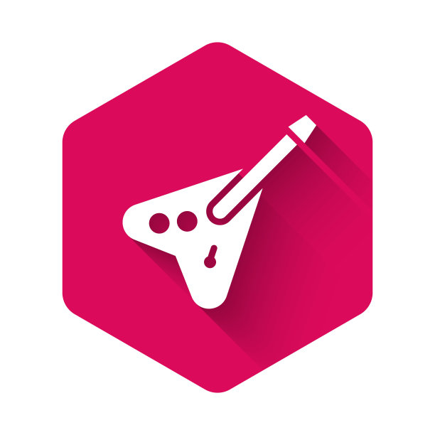 白色电子贝斯吉他图标孤立与长影子。粉红色的六角按钮。向量图片下载