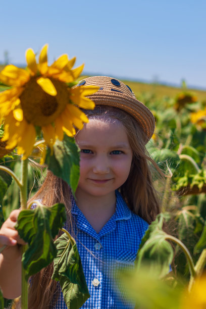 可爱的小女孩戴着草帽，穿着蓝色格子夏装在麦田里。长着金色卷发的孩子图片下载