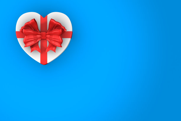 白色盒子，红色蝴蝶结，蓝色背景。孤立的3 d演示图片下载