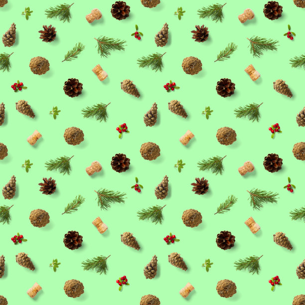 圣诞无缝模式与松果，葡萄酒软木和越橘。图案圣诞节无缝在一个绿色的背景。现实的照片拼贴。图片下载