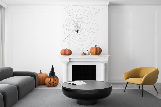 万圣节装饰的白色客厅图片下载