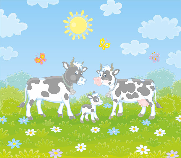 斑点奶牛一家人在绿色的田野上散步图片下载