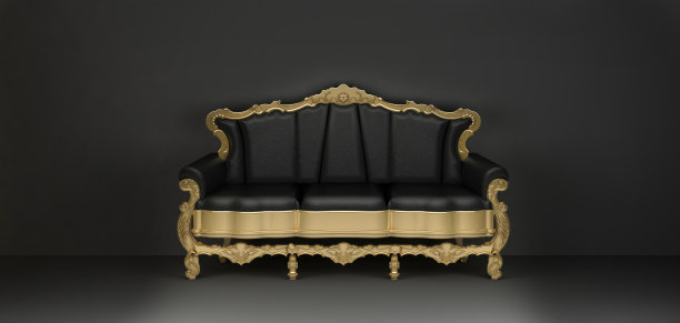 豪华黑色真皮三座沙发与黄金框架图片下载