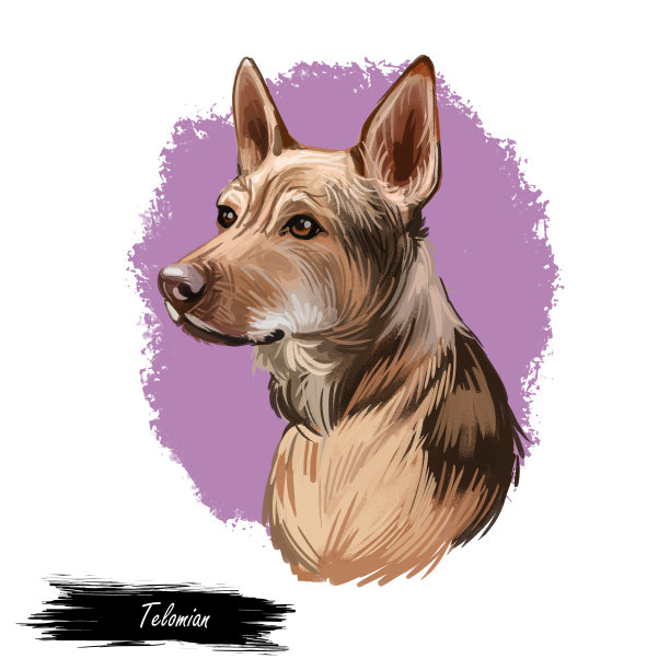 原产于马来西亚的Telomian犬种。Anjing乡下来。数字艺术插图。动物水彩肖像特写孤立的口吻的宠物，狗手绘剪贴画，动物绘图。图片下载