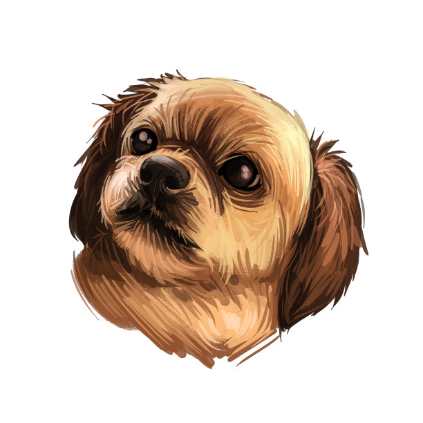 西藏猎犬品种肖像孤立上白色。数码艺术插图，动物水彩画手绘狗为网。这是一只自信的小宠物，有着金色的皮毛和黑色的耳朵图片下载