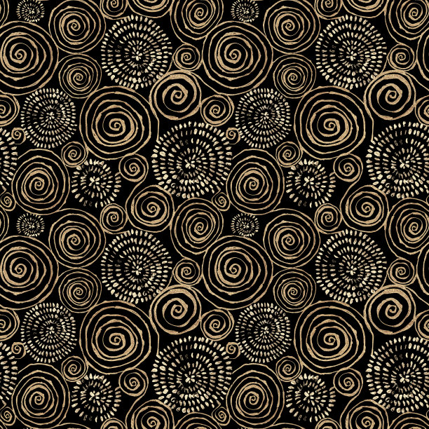 抽象无缝图案与3d金色闪闪的丙烯酸漆圆螺旋圆在黑色的背景图片下载