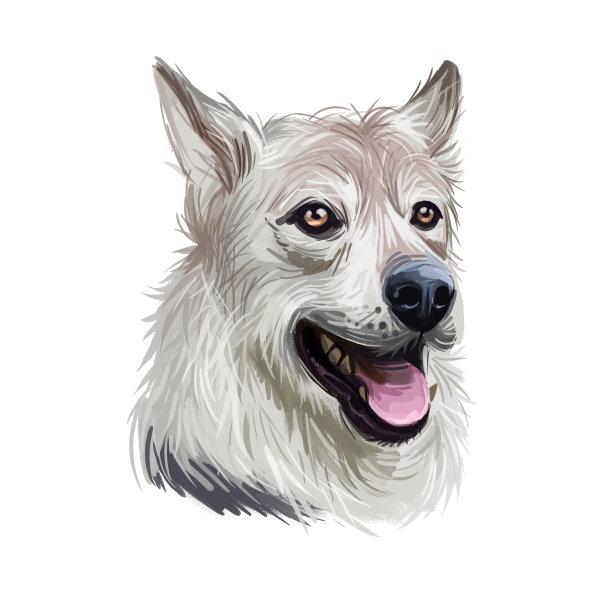 西西伯利亚莱卡犬品种肖像孤立白色。数码艺术插图，动物水彩画手绘狗为网。家养宠物，尖嘴和灰色的像狼的皮毛图片下载