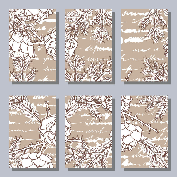 六个贺卡。欧洲落叶松的球果和树枝。深褐色的颜色模式。矢量插图。图片下载