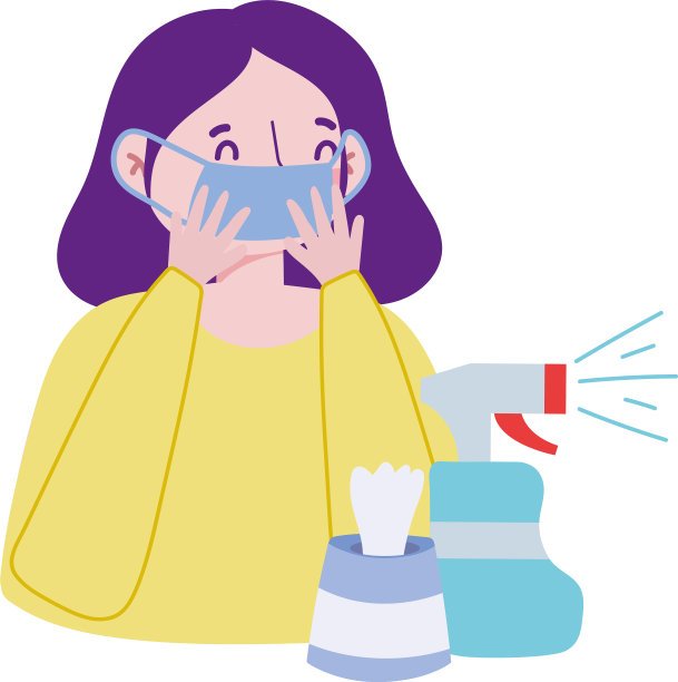 带口罩的女人，喷雾器和纸巾盒图片下载