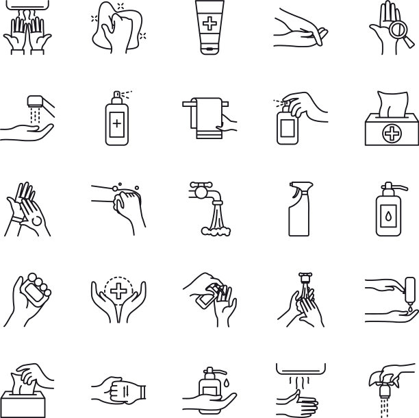 手卫生和清洁图标设置线条风格图片下载