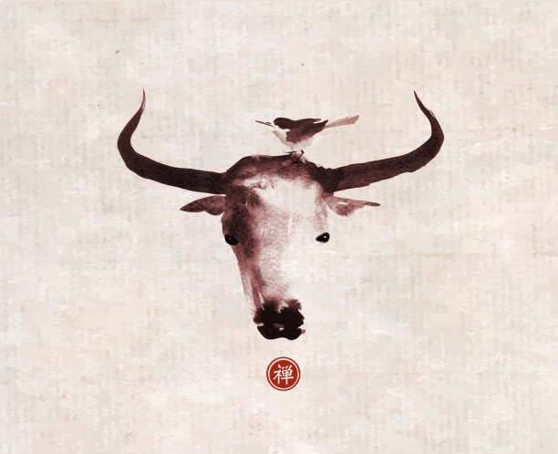 牛头水墨画，2021年中国新年的象征，老式纹理宣纸。象形文字-禅宗的翻译图片下载