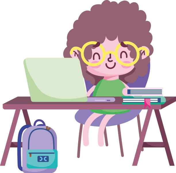 桌上放着笔记本电脑和书包的女孩图片下载