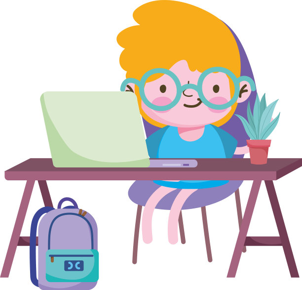 男孩的笔记本电脑和植物在桌子上设计图片下载