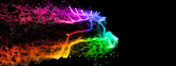 一个发光的抽象驯鹿在夜空中奔跑的3D插图图片下载