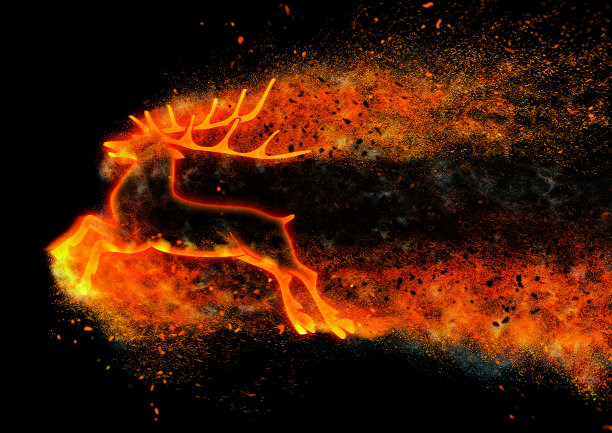 一个抽象的火焰驯鹿在夜空中奔跑的3D插图图片下载