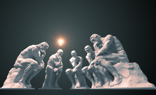 一群思考者其中一个头上有一个发光的灯泡象征着一个新想法图片下载