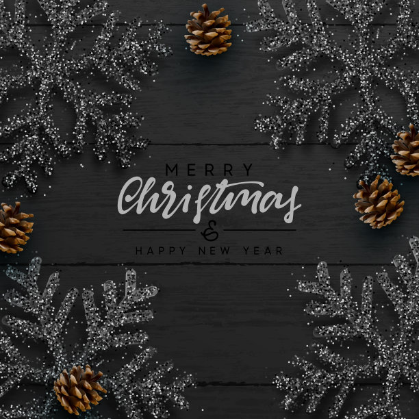 圣诞快乐，恭贺新禧。圣诞节的背景。木板纹理，黑色雪花点缀着闪闪发光，逼真的松果。圣诞合成平顶视图。矢量图图片下载