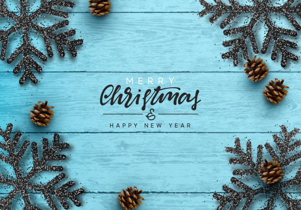 圣诞快乐，恭贺新禧。木制背景上的圣诞作文。装饰雪花黑色，松果。蓝色逼真的木材纹理。平躺，俯视图。明亮喜庆的模板。图片下载