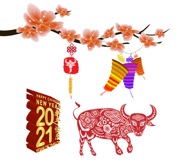 经典的中国新年2021花和灯笼背景。岁次壬午(牛年)(中文翻译为农历新年牛年快乐)图片下载