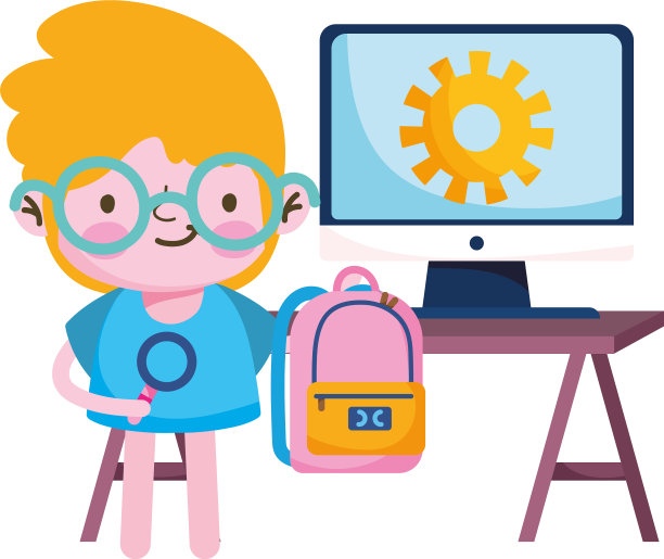 男孩小孩lupe袋齿轮电脑和书桌图片下载