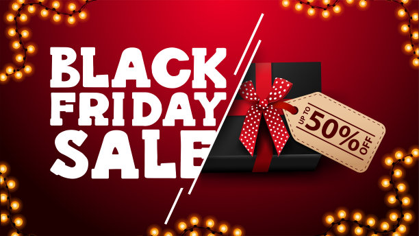 黑色星期五促销，红色折扣横幅与黑色礼物价格标签与报价和花环框架，俯视图。图片下载