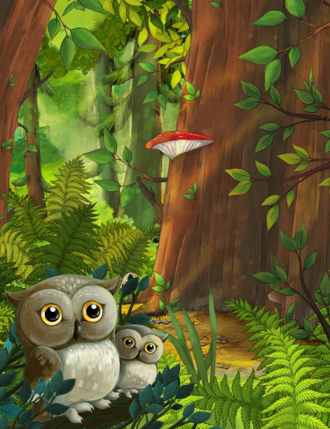 卡通夏季场景与深森林与猫头鹰家庭-插图图片下载