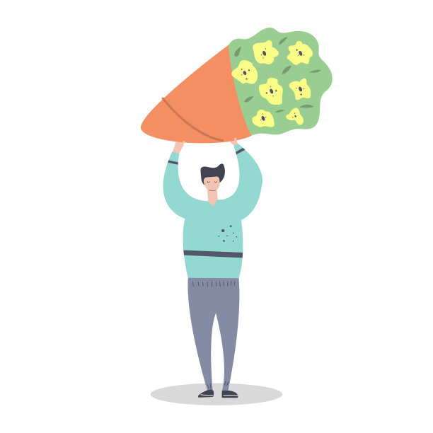 手捧鲜花的男人，在线鲜花配送概念扁平矢量插画图片下载