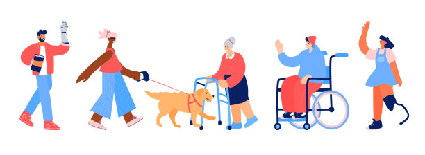 一组有残疾的字符。有假肢的人，坐轮椅的年轻男子，带导盲犬的盲人女孩和在白色背景下孤立的带助行器的老年妇女。图片下载
