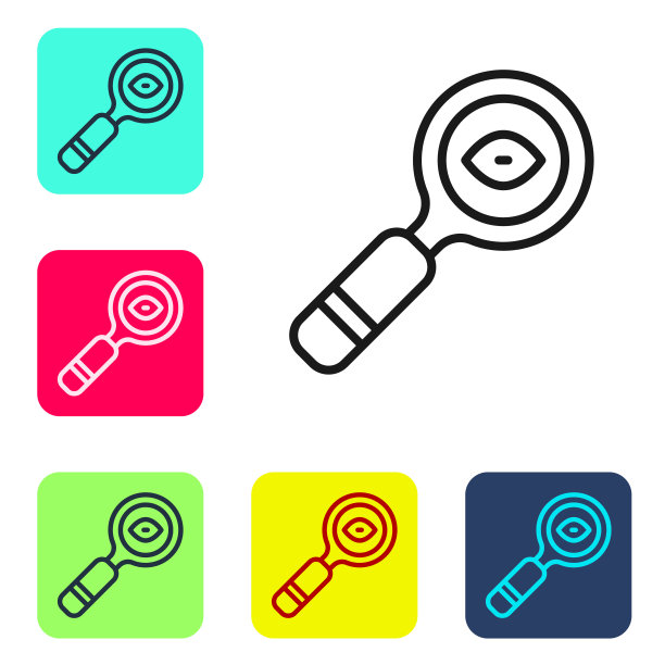 黑线放大镜图标孤立在白色背景上。搜索，聚焦，缩放，商业符号。设置图标的颜色方形按钮。向量图片下载