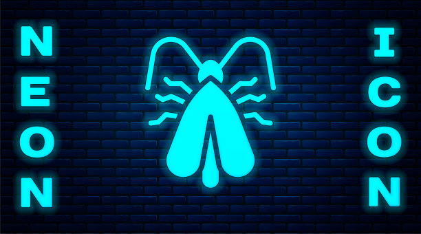 发光的霓虹衣服蛾图标孤立在砖墙的背景上。向量图片下载