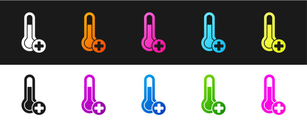 设置气象学温度计测量图标孤立在黑色和白色背景。显示冷热天气的温度计设备。向量图片下载