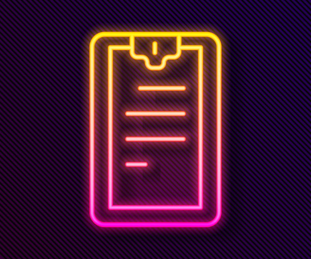 霓虹灯线剪贴板与检查单图标隔离在黑色背景。控制列表的象征。调查问卷或问卷反馈表格。向量图片下载