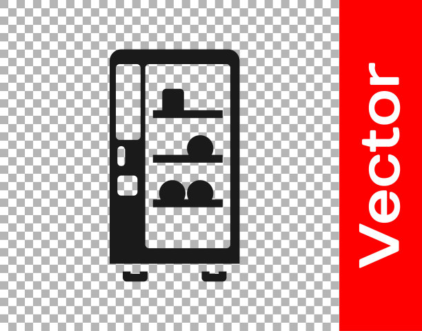 黑色自动售货机的食品和饮料自动销售图标隔离在透明的背景。向量图片下载