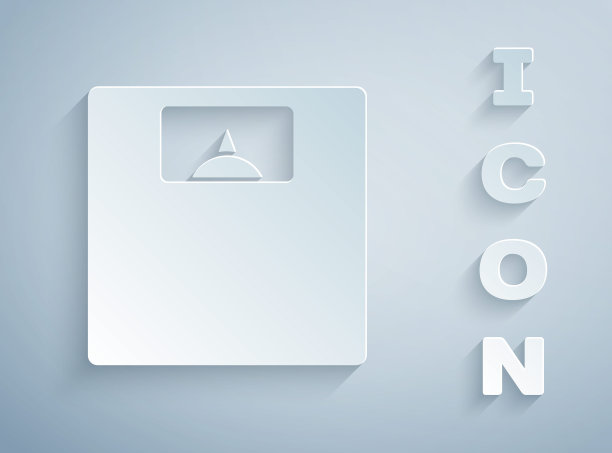 剪纸浴室秤图标孤立在灰色背景。体重测量设备。体重秤健身运动概念。纸艺术风格。向量图片下载