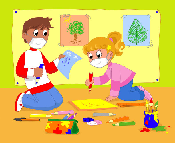 艺术课上的孩子戴着防护面具图片下载