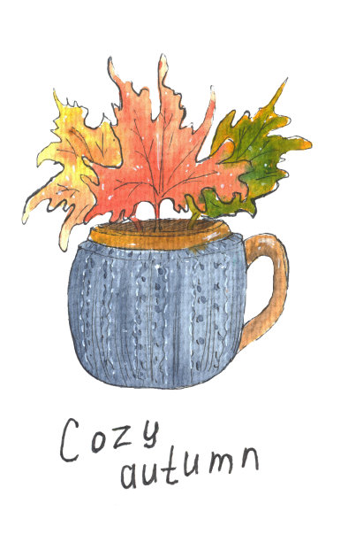水彩画卡在一个秋天的主题与一个舒适的秋天乐腾。马克杯，针织封面，秋叶。图片下载