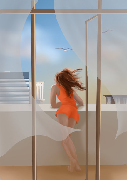 阳台上的年轻美女在海风的吹拂下看起来很放松。蓝天上的海鸥飞过屋顶。自由幸福观图片下载