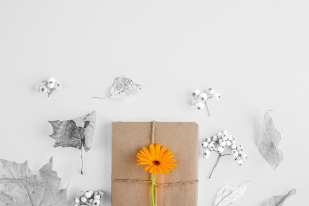 秋平铺构成。精美的礼品盒，用牛皮纸包着，橙色的背景上装饰着花朵。感恩节的概念。彩色飞溅，黑白照片图片下载