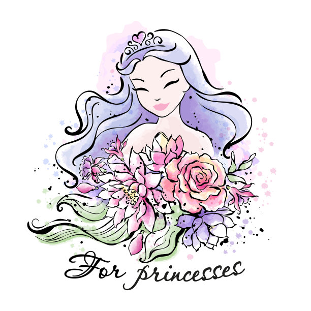 衣服和织物的艺术打印。美丽的紫色头发美人鱼和一束花。时尚的水墨水彩风格。公主的文本。图片下载