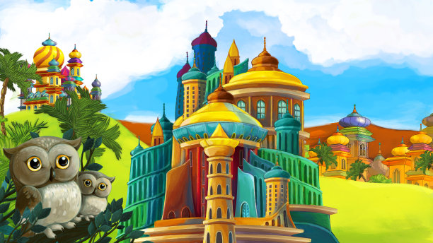卡通场景与猫头鹰附近的森林和城堡在草地上-插图图片下载