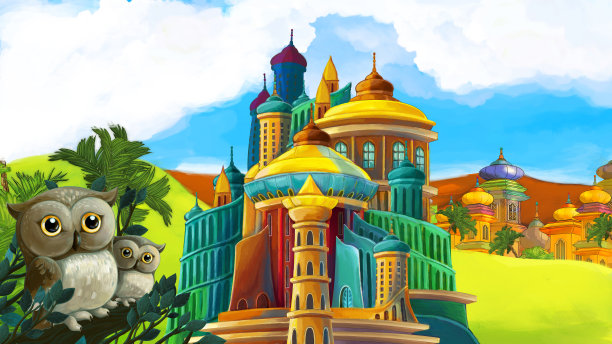 卡通场景与猫头鹰附近的森林和城堡在草地上-插图图片下载