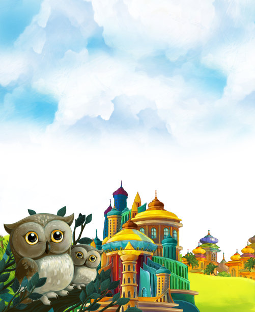 卡通场景与猫头鹰附近的森林和城堡在草地上-插图图片下载