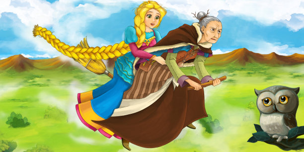 卡通场景与猫头鹰公主和可怕的女巫飞行在魔法扫帚-插图图片下载