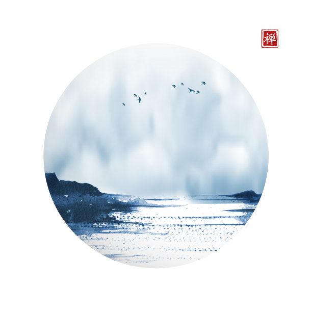 亚洲风格的山水湖景，以苏美笔墨画圆圈。传统的东方水墨画粟娥、月仙、围棋。象形文字的翻译-和平，宁静，清晰，快乐图片下载