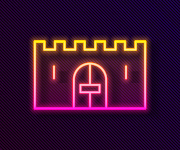 发光的霓虹线中世纪城堡大门在一堵石头墙图标孤立在黑色的背景。中世纪的城堡。防止敌人。向量图片下载