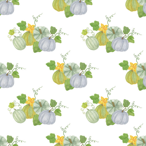 南瓜叶无缝图案传统秋季蔬菜水彩手绘插画为秋季节日包装礼品纸，贺卡季节性秋季乡村重复点缀图片下载