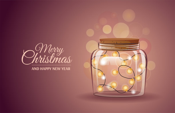 圣诞快乐，恭贺新禧。里面有花环和灯的玻璃罐。图片下载