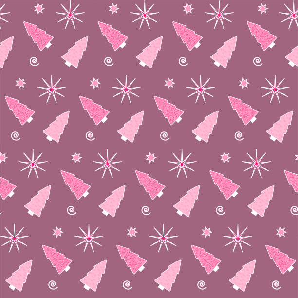 粉红色的圣诞树，星星和白色轮廓的螺旋在丁香背景无缝模式图片下载